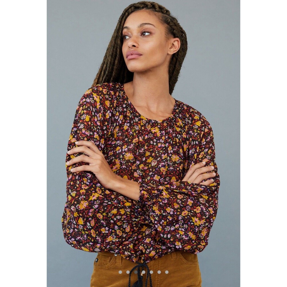 Women’s Anthropologie Black Floral Pauline Balloon Sleeved Blouse XS Tassle